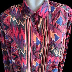True Vintage Women's Medium Blouse Express 100% Silk Aztec Southwestern 90's